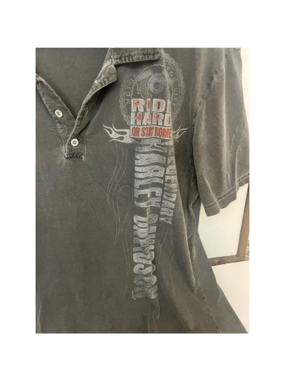 Harley-Davidson Mens Ride Hard Or Stay Home Polo Shirt Faded Black Vintage M.  U - Picture 2 of 5